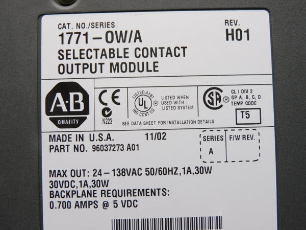 ALLEN BRADLEY 1771-OW SER. A 24-138VAC 1A NUPI
