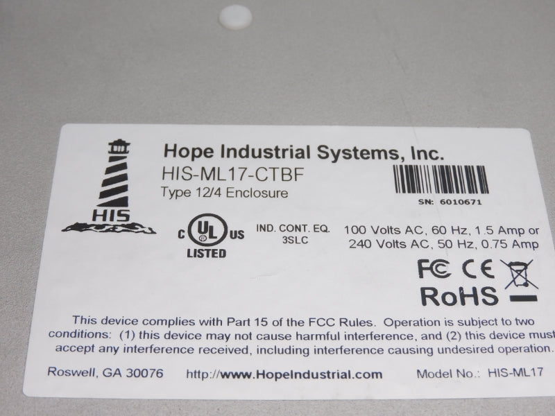 HOPE INDUSTRIAL SYSTEMS HIS-ML17-CTBF 240VAC 1.5A UNMP