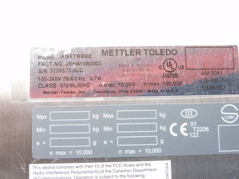 METLER TOLEDO JXHA1060000 JAGXTREME 100-240V 0.7A NSMP