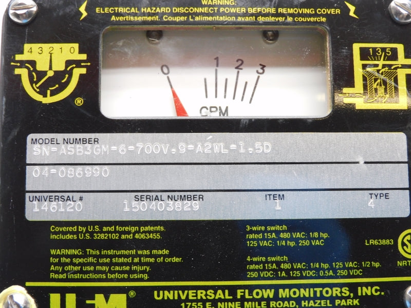 UNIVERSAL FLOW MONITORS SN-ASB3GM-6-700V.9-A2WL-1.5D 480VAC 15A NSNP
