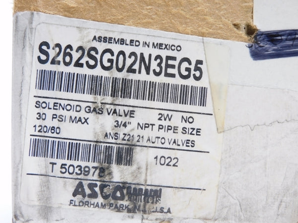 ASCO S262SG02N3EG5 120V 0.36A 30PSI 3/4" NSMP