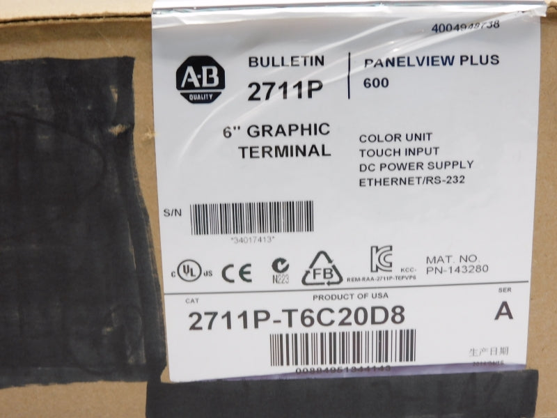 ALLEN BRADLEY 2711P-T6C20D8 SER. A 24VDC 6" NSMP