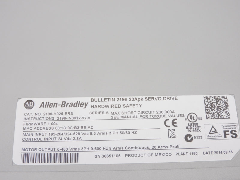 ALLEN BRADLEY 2198-H025-ERS SER. A 324-528VAC 2.8A F/W 1.004  NSMP