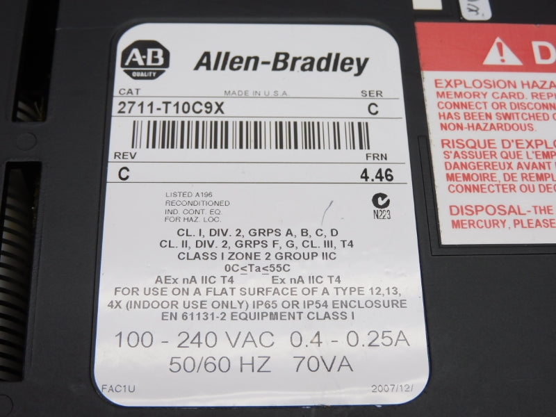 ALLEN BRADLEY 2711-T10C9X SER. C 100-240VAC 0.4-0.25A F/W 4.46 REMAN