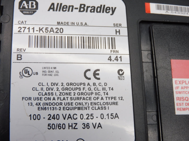 ALLEN BRADLEY 2711-K5A20 SER. H 100-240VAC 0.25-0.15A F/W 4.41 UNMP