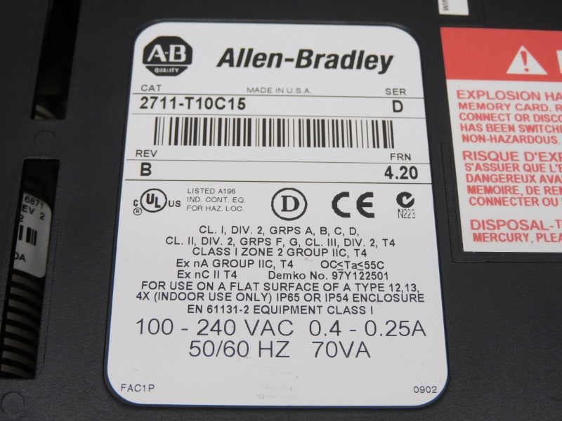 ALLEN BRADLEY 2711-T10C15 SER. D 100-240VAC 0.4-0.25A F/W 4.20 NUPI