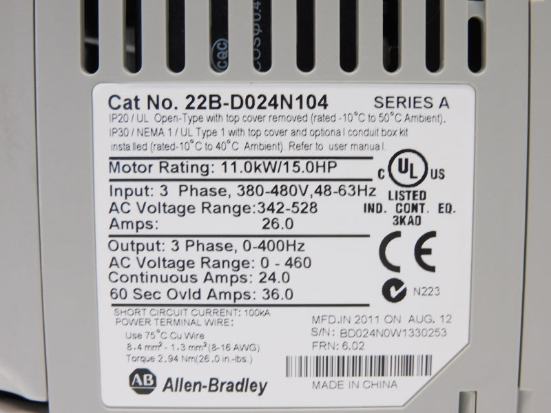 ALLEN BRADLEY 22B-D024N104 SER. A 342-528VAC 26.0A F/W 6.02 NSNP