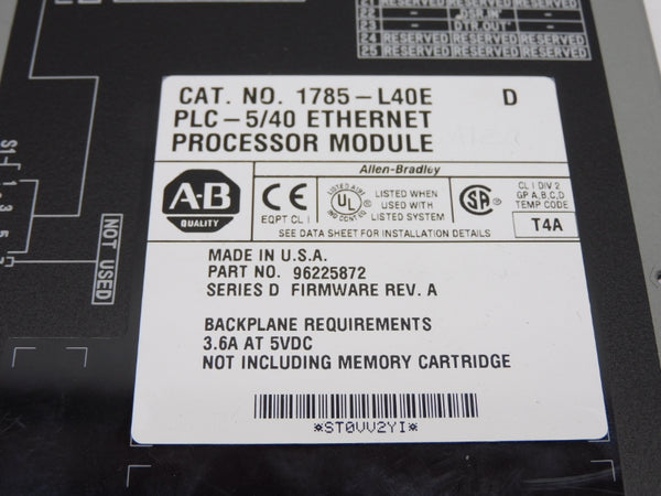 ALLEN BRADLEY 1785-L40E SER. D 5VDC 3.6A F/W A (NO KEY) UNMP