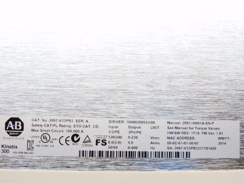 ALLEN BRADLEY 2097-V33PR3 SER. A 120/240V F/W 1.81 NSNP