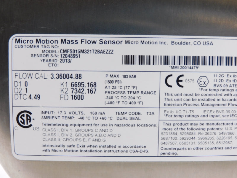 MICRO MOTION CMFS015M321T2BAEZZZ 17.3V 1500PSI NSNP