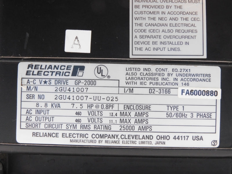 RELIANCE ELECTRIC 2GU41007 460V 13.4A UNMP