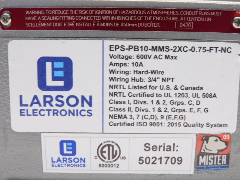 LARSON ELECTRONICS EPS-PB10-MMS-2XC-0.75-FT-NC 600VAC 10A NSNP