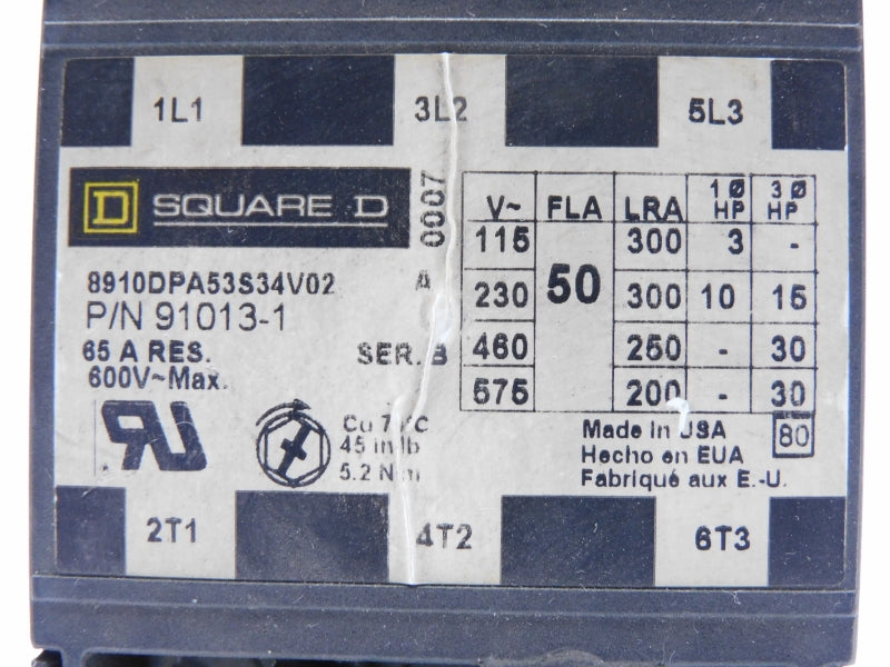SQUARE D 8910DPA53S34V02 SER. B 110/120V 65A UNMP