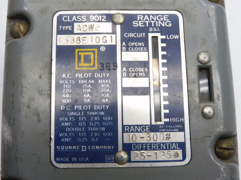 SQUARE D 9012ACW2 600V 15A 10-300PSI UNMP