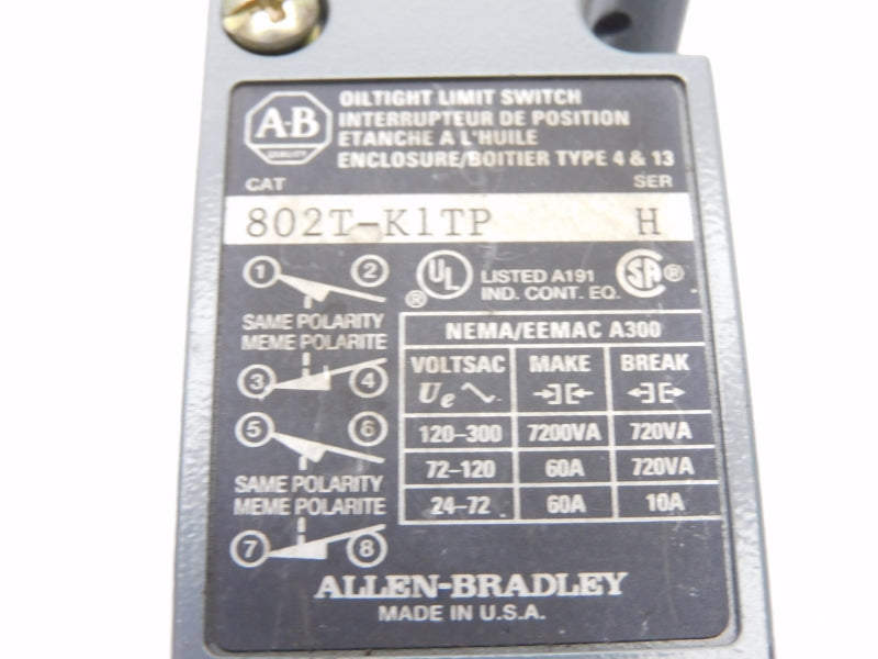ALLEN BRADLEY 802T-K1TP SER. H 120-300VAC 60A (AS PICTURED) UNMP