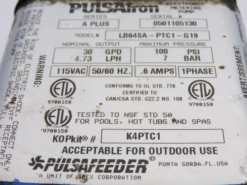 PULSAFEEDER LB64SA-PTC1-G19 115VAC .6A 100PSI 4.73LPH UNMP