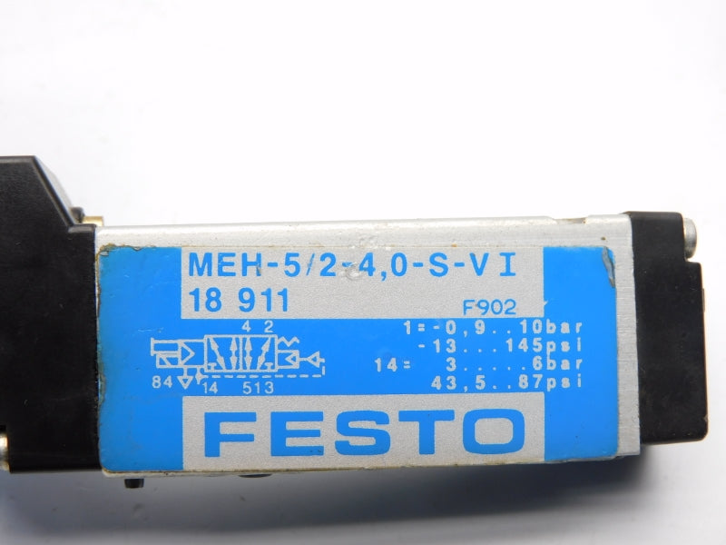 FESTO MEH-5/2-4,0-S-VI 18911 SER. F902 20,4-26,4VDC -13-145PSI UNMP