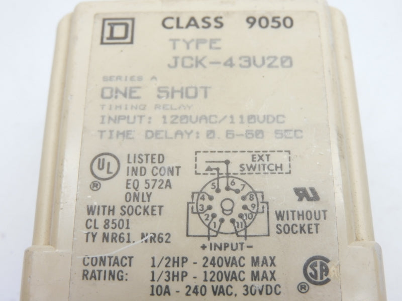 SQUARE D 9050JCK43V20 SER. A 120VAC/110VDC 10A 0.5-50S UNMP