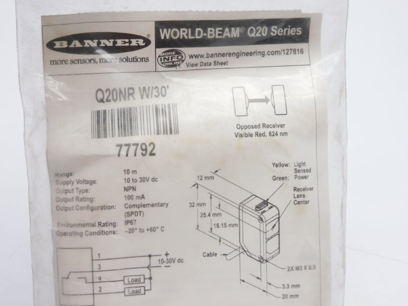 BANNEER ENGINEERING Q20NRW30 77792 30' 10-30VDC NSMP