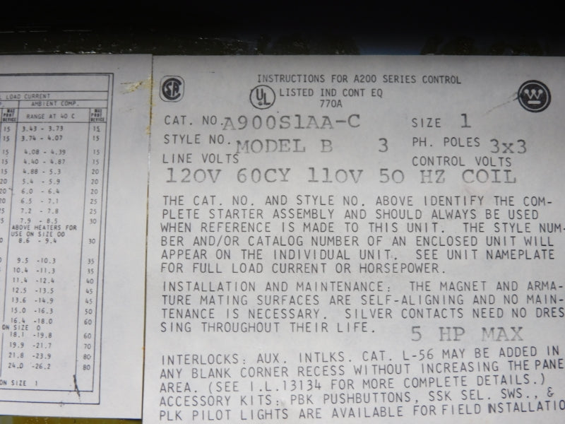 WESTINGHOUSE A9001S1AA-C 110/120V 27A (AS PICTURED) NSNP
