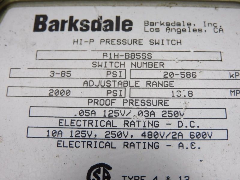 BARKSDALE P1H-B85SS 600V 10A 2000PSI UNMP