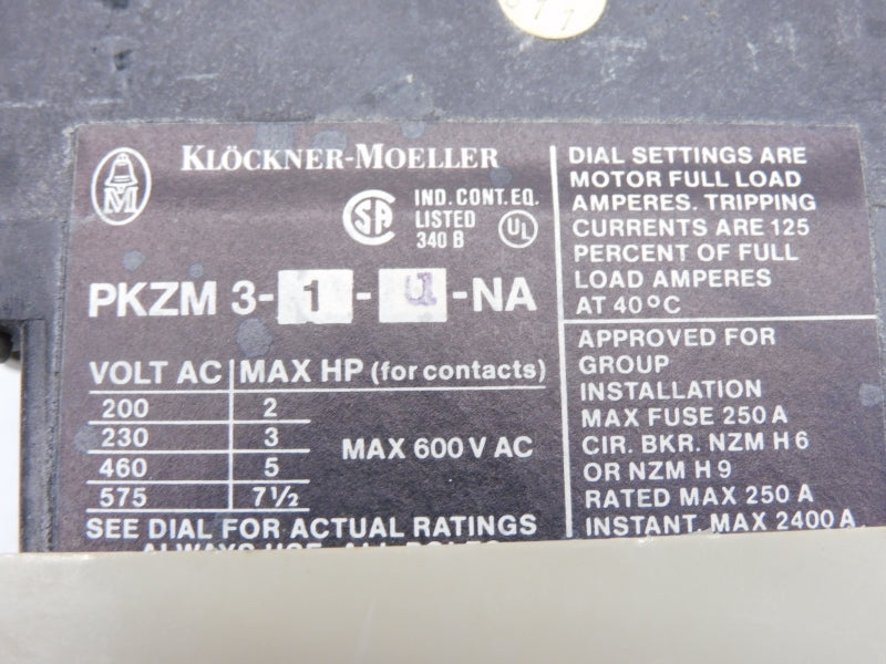 KLOCKNER MOELLER PKZM3-10-NA 600VAC 0,5-0,9A NSNP