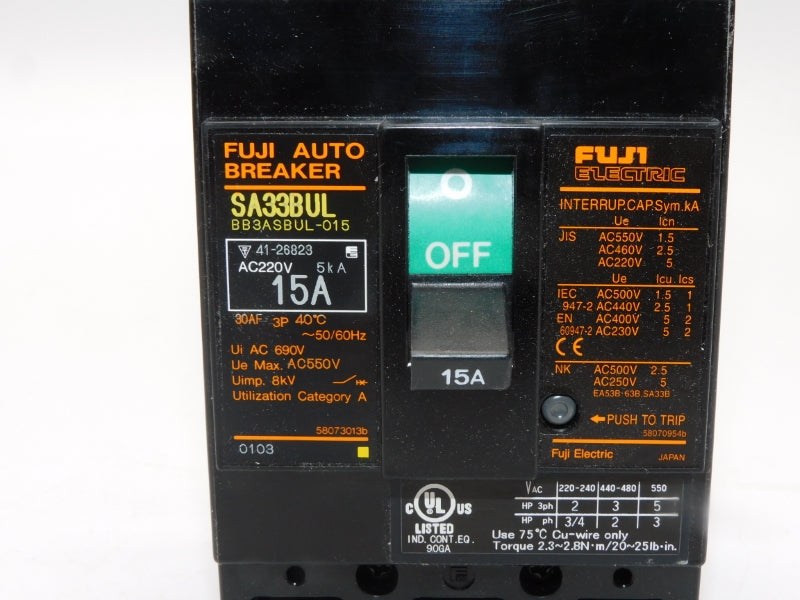 FUJI ELECTRIC BB3ASBUL-015 SA33BUL 550VAC 15A NSMP