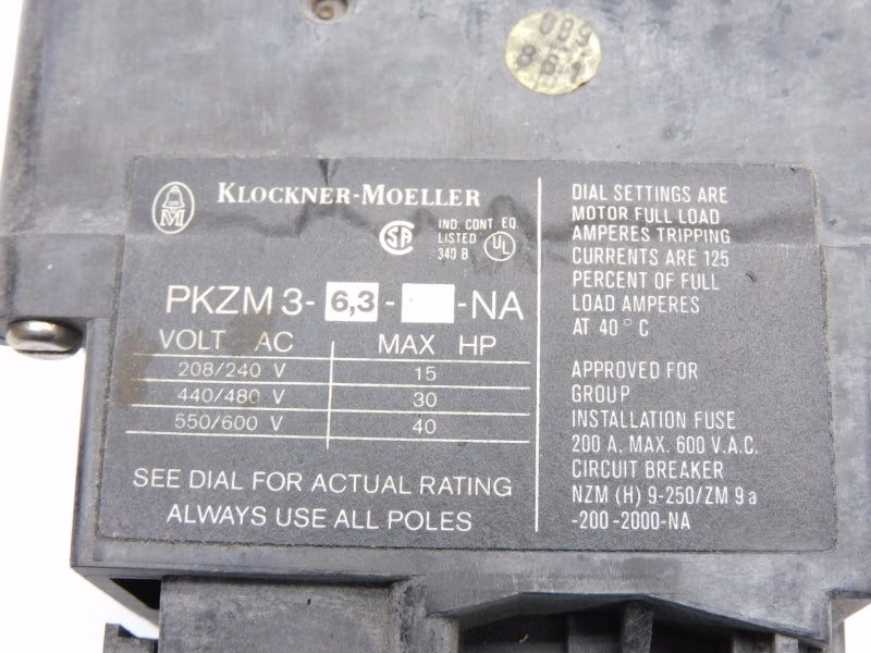 KLOCKNER MOELLER PKZM3-6,3-NA 600VAC 3,5-6A (AS PICTURED) UNMP