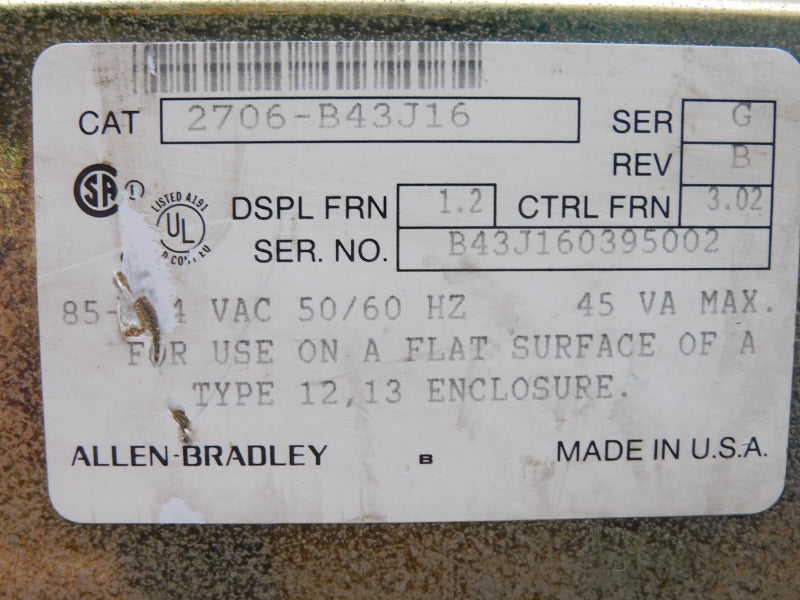 ALLEN BRADLEY 2706-B43J16 SER. G F/W 3.02 250VAC 3A UNMP