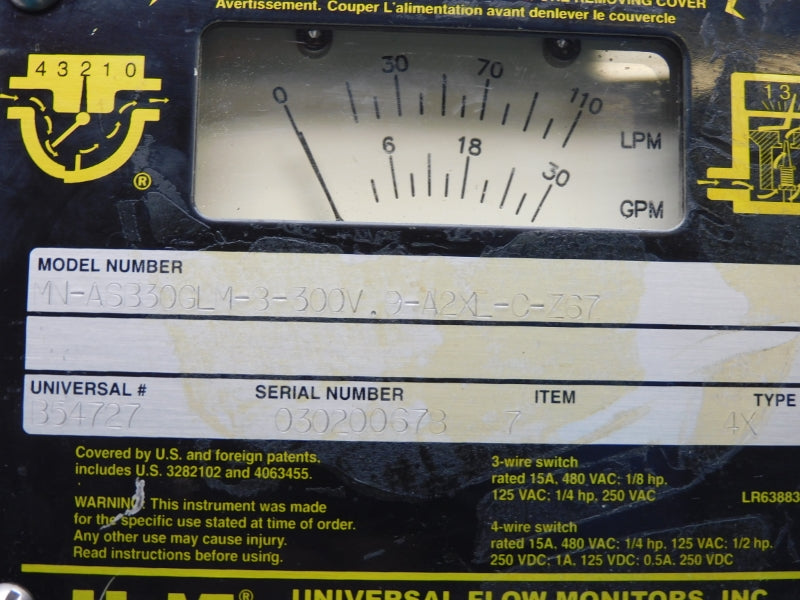 UNIVERSAL FLOW MONITORS MN-ASB30FLM-3-300V.9-A2XL-C-Z67 480VAC 15A NSNP
