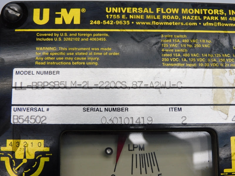 UNIVERSAL FLOW MONITORS LL-BBPSB5LM-2L-220CS.87-A2WU-C 480VAC 15A NSNP