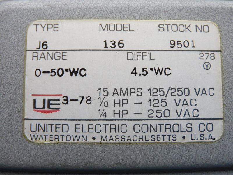 UNITED ELECTRIC J6-136 250VAC 15A 0-50"WC NSNP