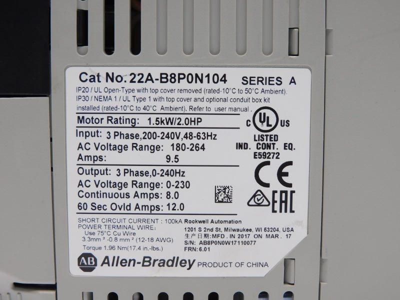 ALLEN BRADLEY 22A-B8P0N104 SER. A F/W 6.01 180-264V 8.0A NSMP