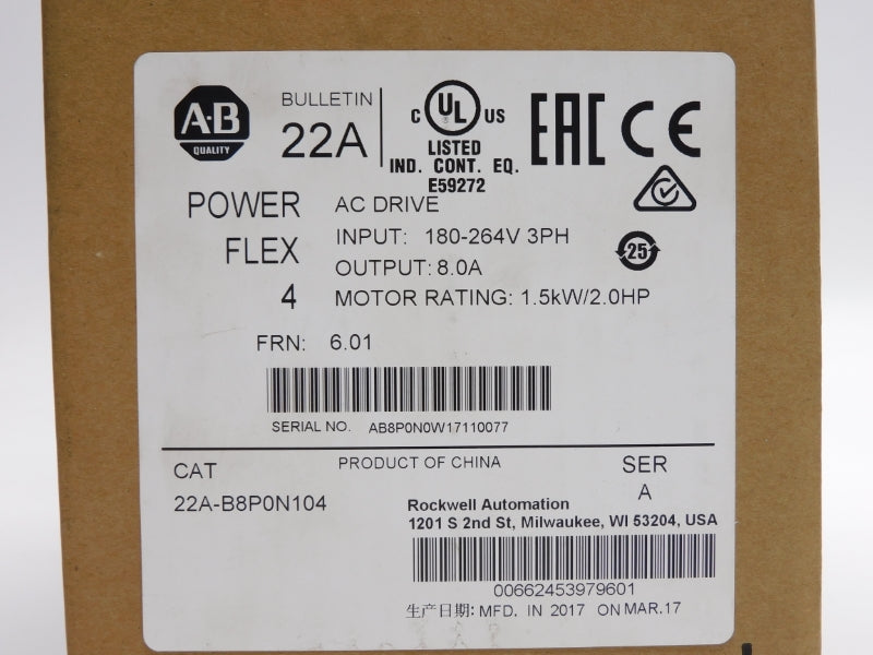ALLEN BRADLEY 22A-B8P0N104 SER. A F/W 6.01 180-264V 8.0A NSMP