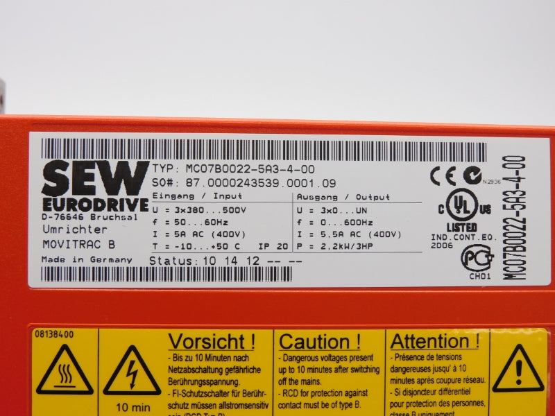 SEW EURODRIVE MC07B0022-5A3-4-00 380-500V 5.5A NSNP