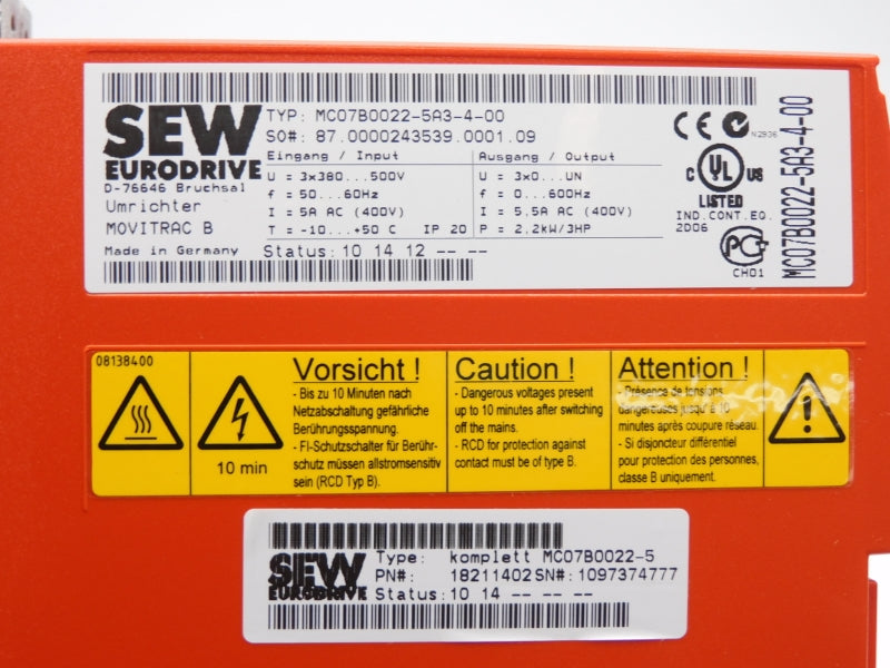 SEW EURODRIVE MC07B0022-5A3-4-00 380-500V 5.5A NSNP