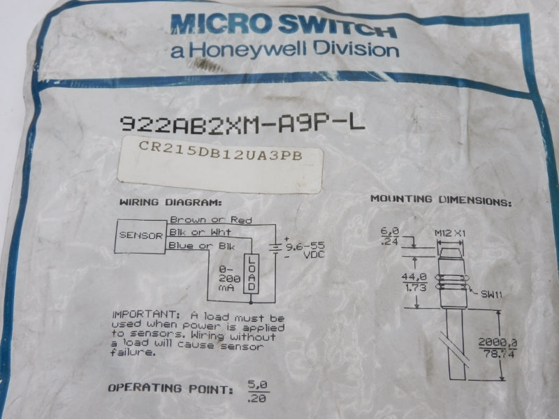 MICRO SWITCH 922AB2XM-A9P-L 9.6-55VDC NSMP
