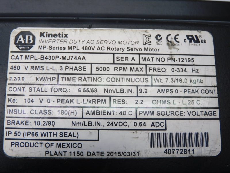 ALLEN BRADLEY MPL-B430P-MJ74AA SER. A 460V 9.2A UNMP