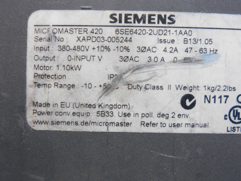 SIEMENS 6SE6420-2UD21-1AA0 380-480V 4.2A (AS PICTURED) UNMP