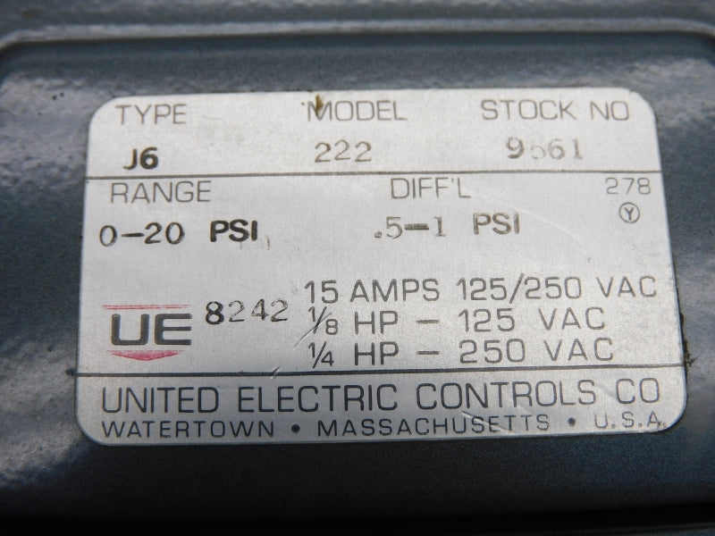 UNITED ELECTRIC J6-222 250VAC 15A 0-20PSI UNMP