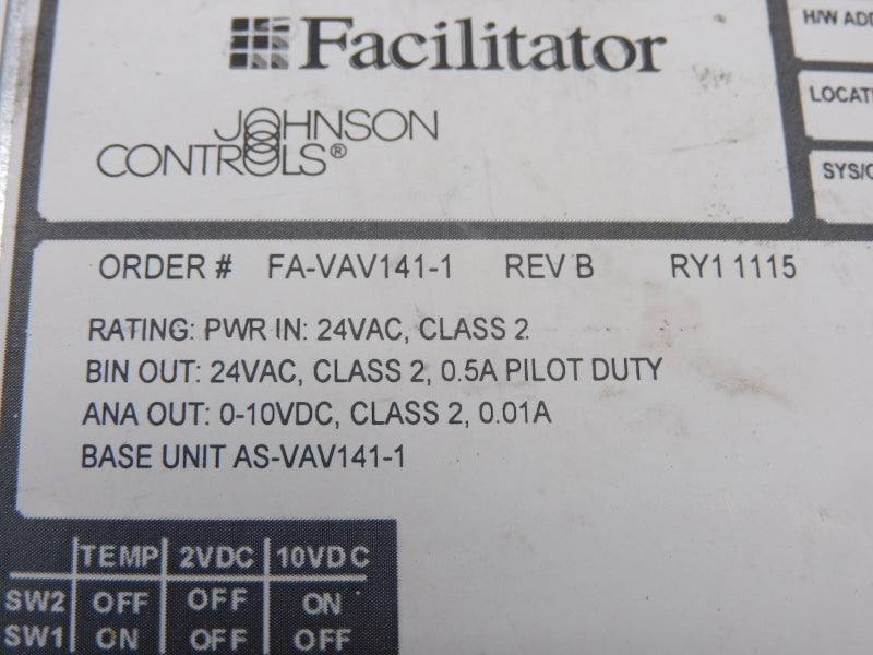 JOHNSON CONTROLS FA-VAV141-1 24VAC 0.5A UNMP
