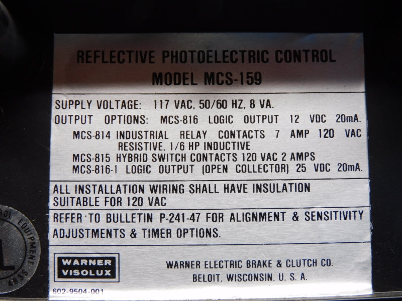 WARNER ELECTRIC MCS-159 117VAC 7A (AS PICTURED) UNMP