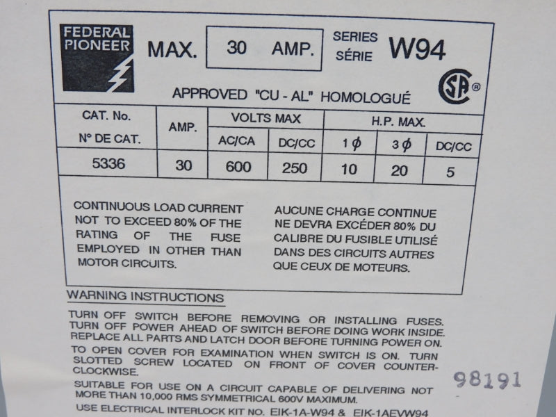 FEDERAL PIONEER 5336 SER. W94 600V 30A NSMP