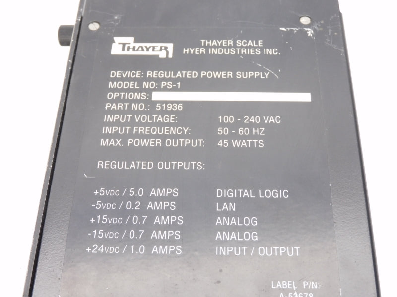 THAYER PS-1 51936 100-240VAC 5.0A UNMP