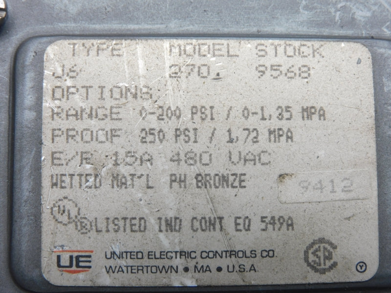 UNITED ELECTRIC J6-270 480VAC 15A 0-200PSI NSNP