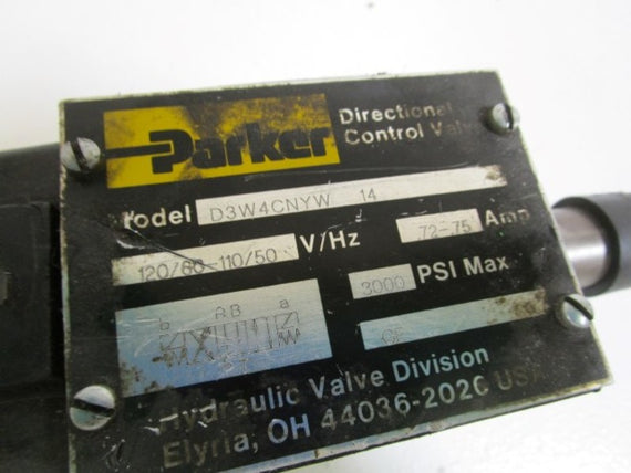 PARKER D3W4CNYW 110-120V 0.72-0.75A 3000PSI *AS IS*