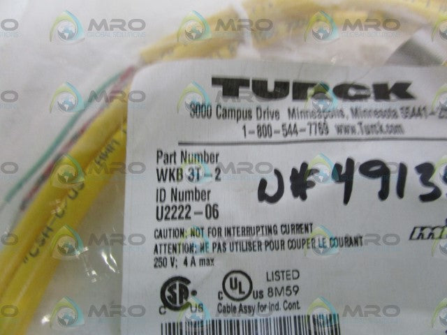 TURCK WKB3T-2 MOLDED CORDSET *NEW IN FACTORY BAG*