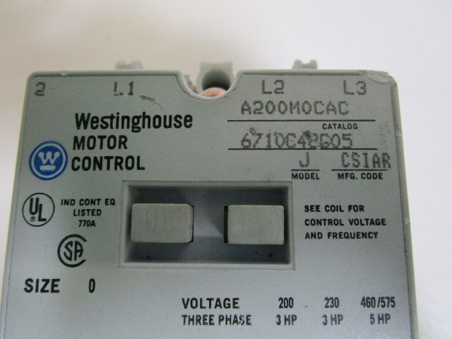 WESTINGHOUSE MOTOR STARTER SIZE 0 A200M0CAC (AS PICTURED) *USED*