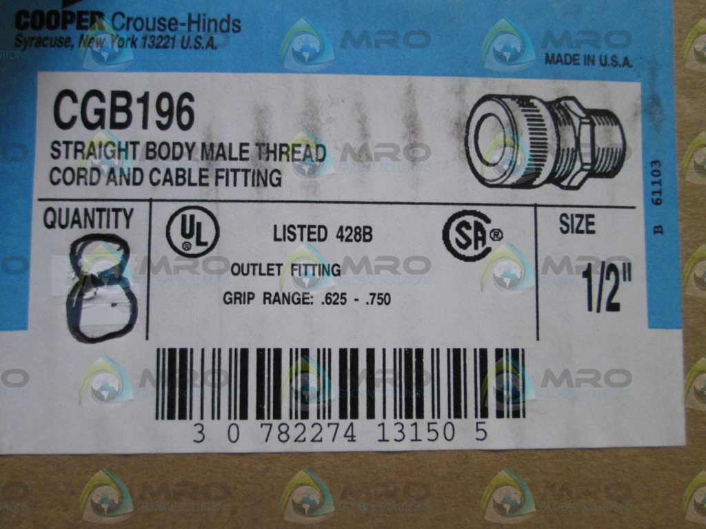 LOT OF 8 CROUSE-HINDS 1/2" CORD AND CABLE FITTING CGB196 *NEW IN BOX*