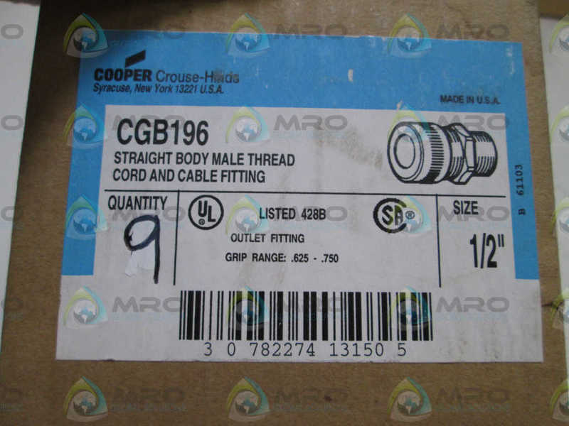 LOT OF 9 CROUSE-HINDS 1/2" CORD AND CABLE FITTING CGB196 *NEW IN BOX*